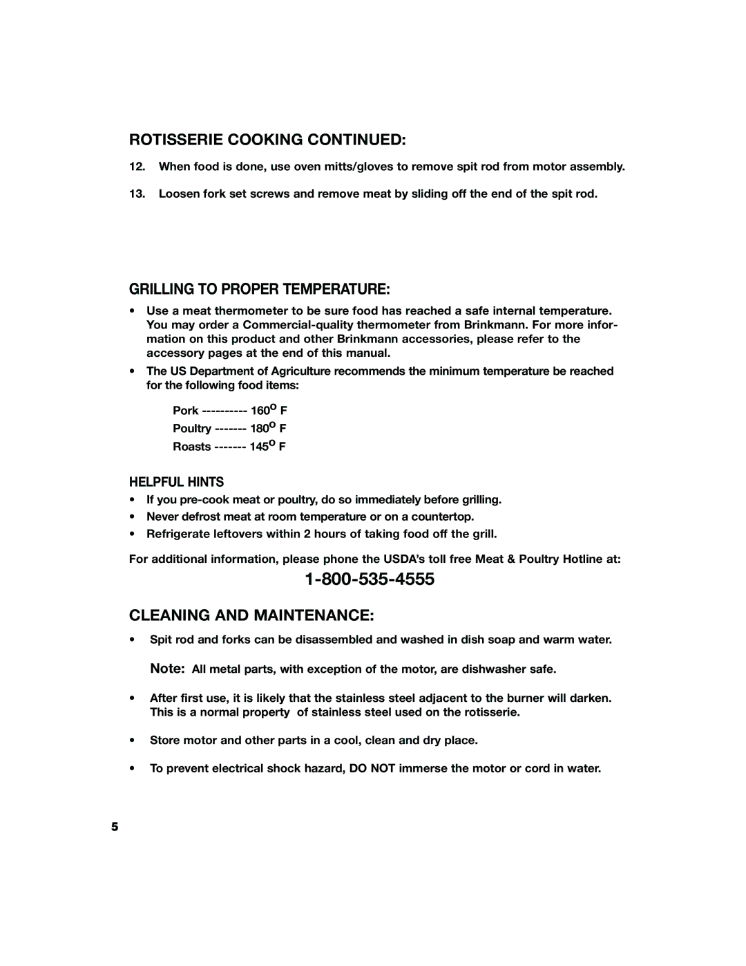 Brinkmann owner manual Rotisserie Cooking, Grilling to Proper Temperature, Cleaning and Maintenance 