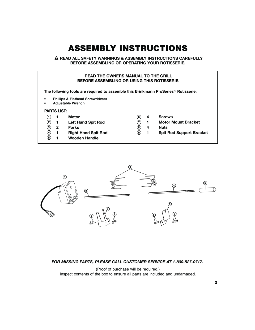 Brinkmann Grill owner manual Assembly Instructions, For Missing Parts, Please Call Customer Service At 