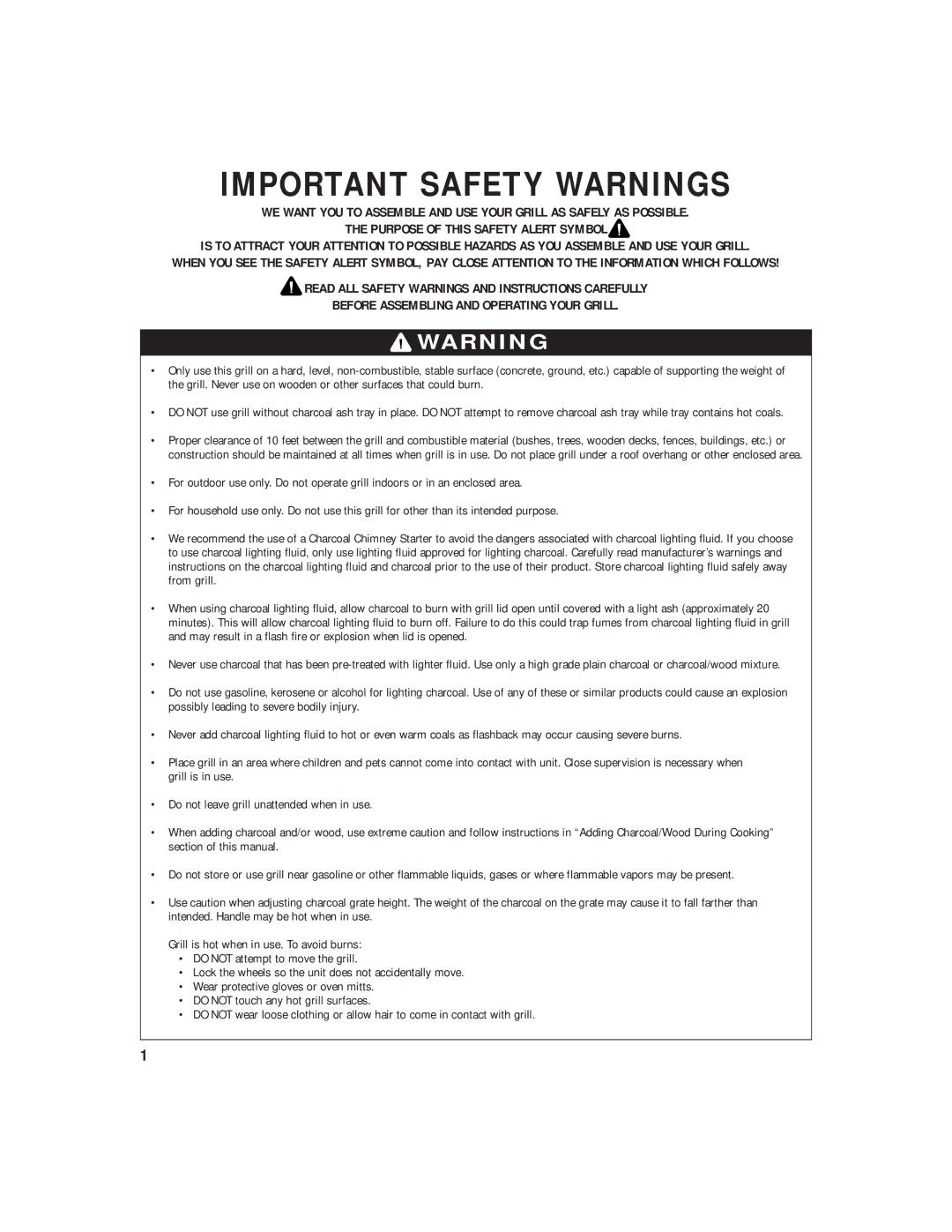 Brinkmann Heavy-Duty Charcoal Grill owner manual Important Safety Warnings 