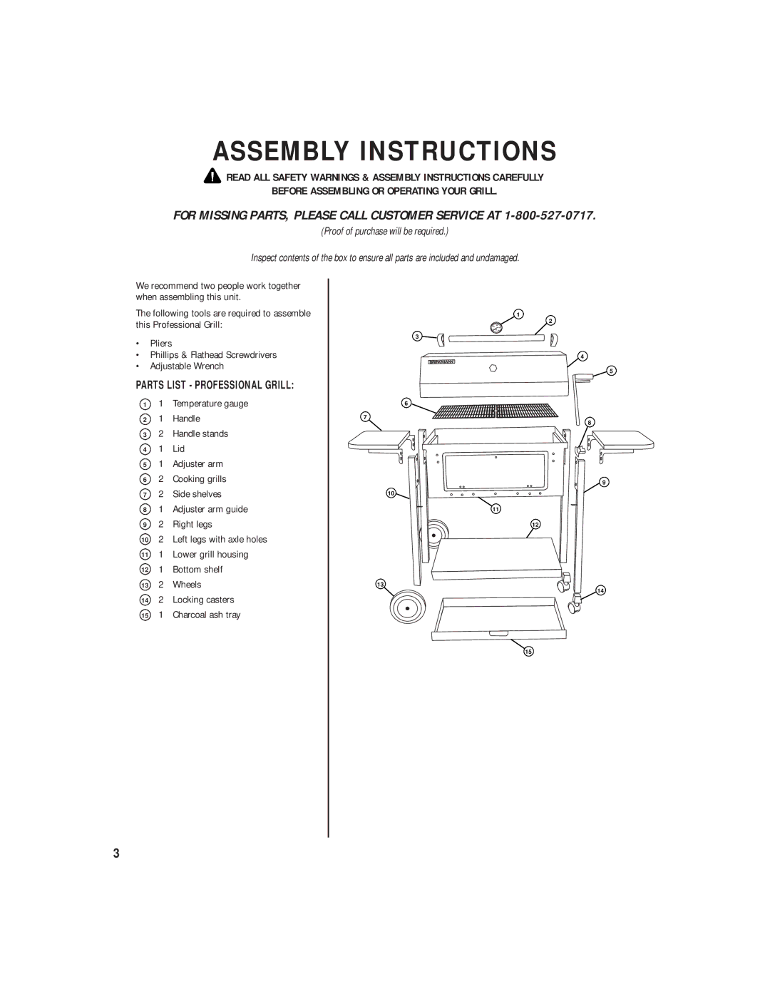 Brinkmann Heavy-Duty Charcoal Grill owner manual Assembly Instructions, For Missing PARTS, Please Call Customer Service AT 