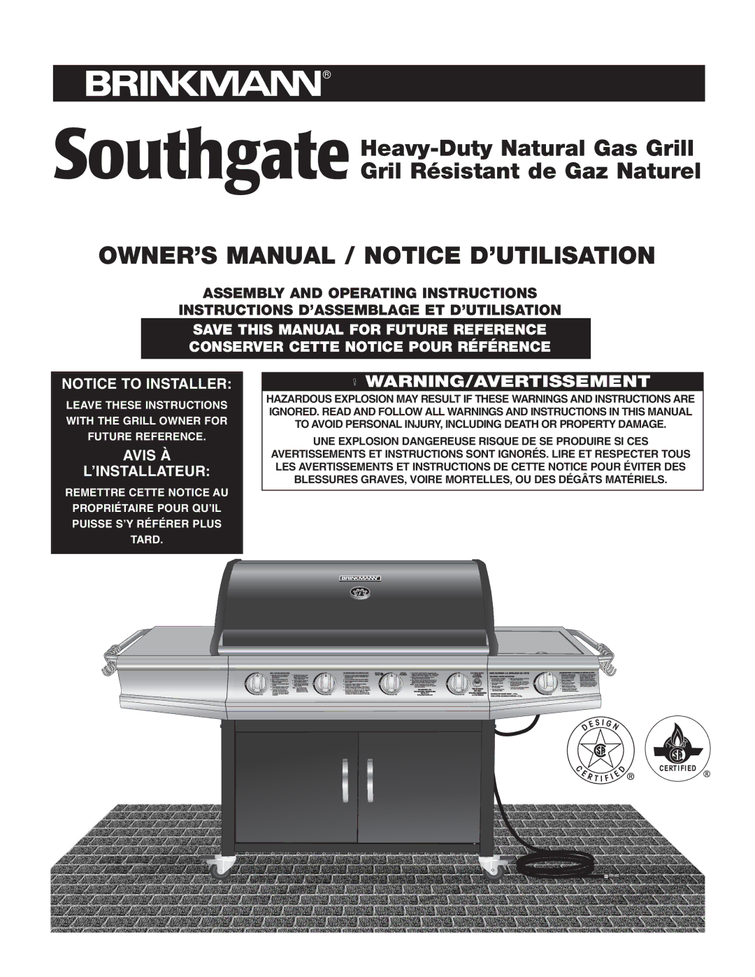 Brinkmann Heavy-Duty Natural Gas Grill owner manual Avis À ’INSTALLATEUR 