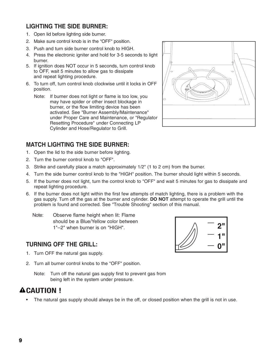 Brinkmann Heavy-Duty Natural Gas Grill owner manual Match Lighting the Side Burner, Turning OFF the Grill 