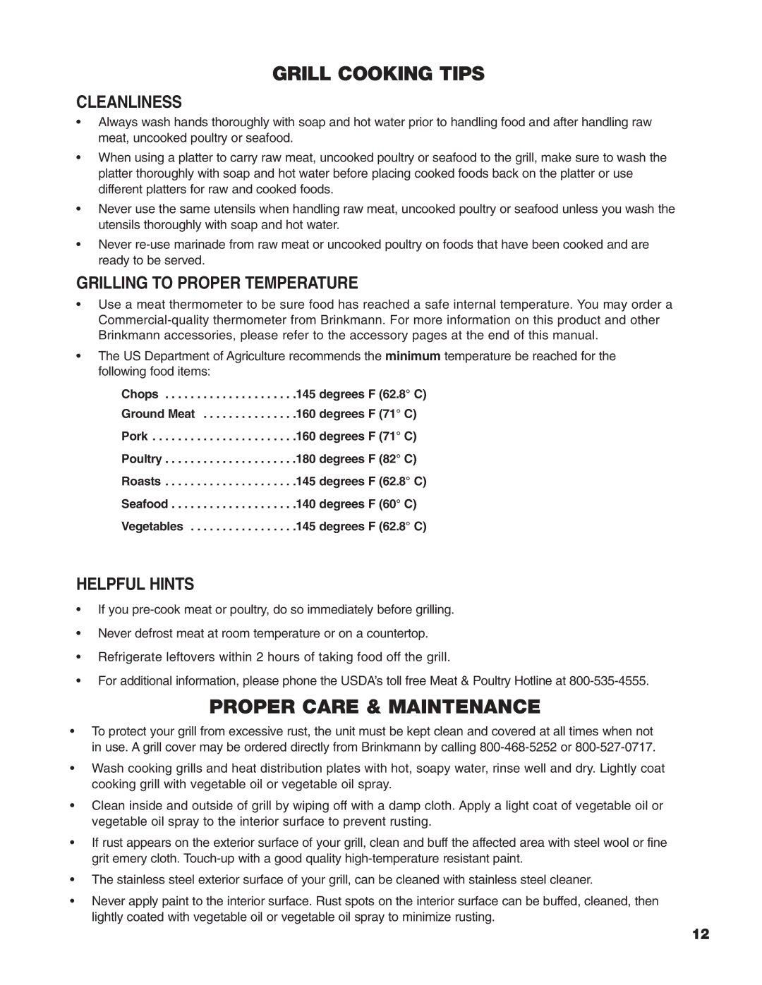 Brinkmann Heavy-Duty Natural Gas Grill owner manual Cleanliness, Grilling to Proper Temperature, Helpful Hints 