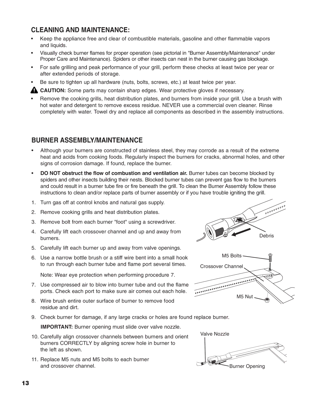 Brinkmann Heavy-Duty Natural Gas Grill owner manual Cleaning and Maintenance, Burner ASSEMBLY/MAINTENANCE 