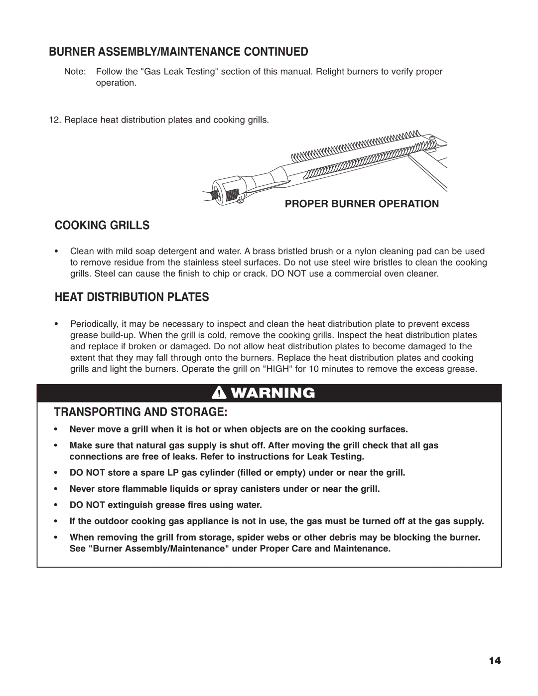 Brinkmann Heavy-Duty Natural Gas Grill owner manual Cooking Grills, Heat Distribution Plates, Transporting and Storage 