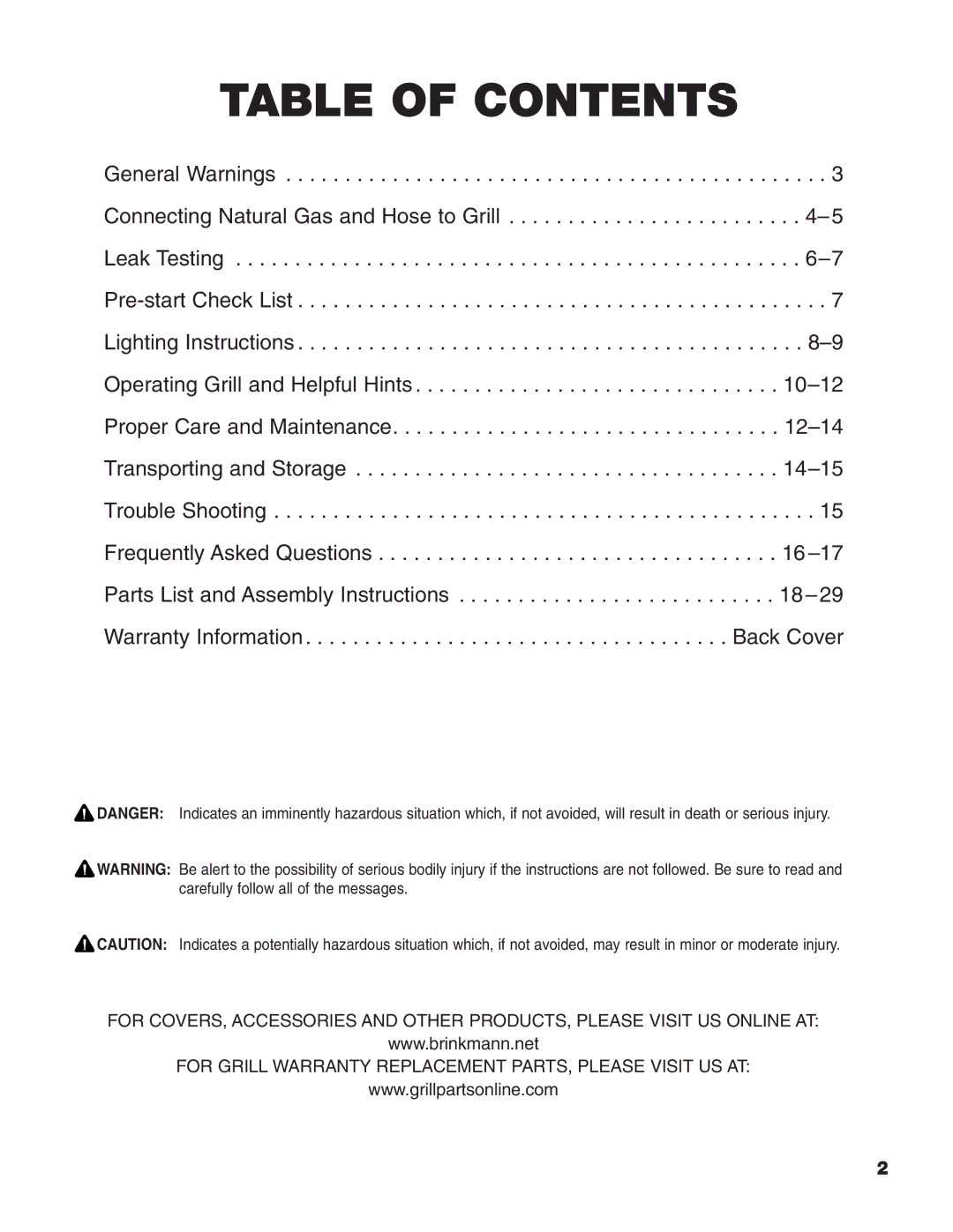 Brinkmann Heavy-Duty Natural Gas Grill owner manual Table of Contents 