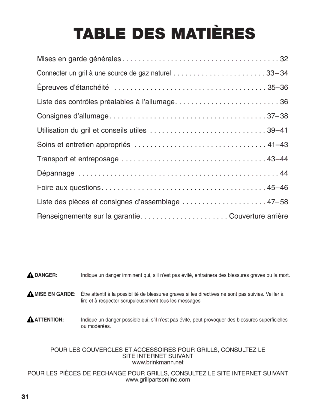 Brinkmann Heavy-Duty Natural Gas Grill owner manual Table DES Matières 