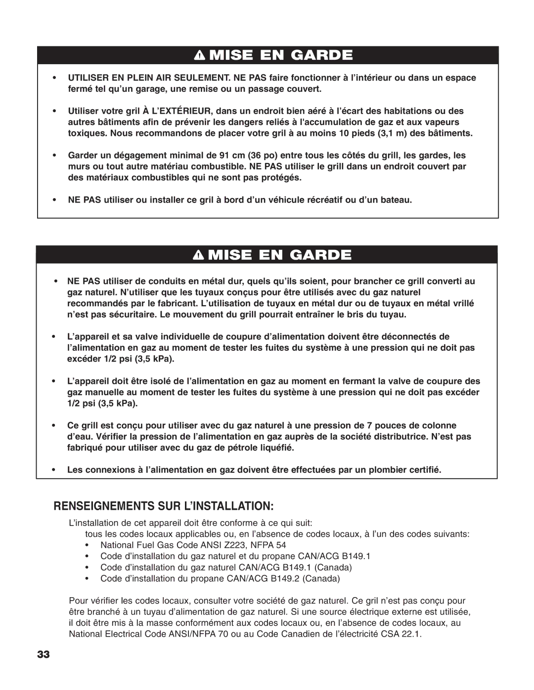 Brinkmann Heavy-Duty Natural Gas Grill owner manual Renseignements SUR L’INSTALLATION 