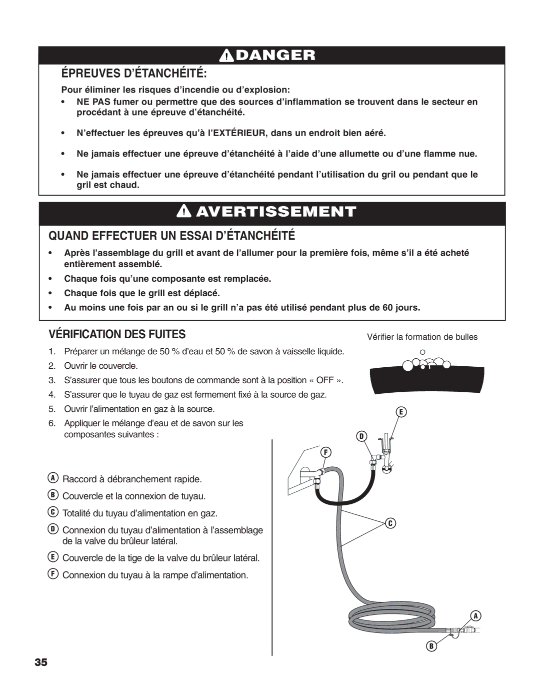 Brinkmann Heavy-Duty Natural Gas Grill owner manual Épreuves D’ÉTANCHÉITÉ, Quand Effectuer UN Essai D’ÉTANCHÉITÉ 