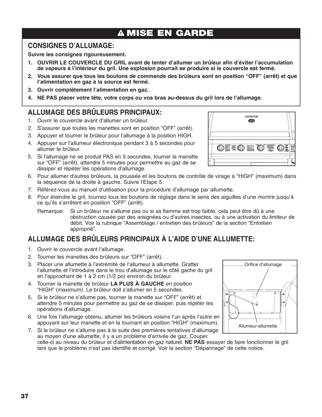 Brinkmann Heavy-Duty Natural Gas Grill owner manual Consignes D’ALLUMAGE, Allumage DES Brûleurs Principaux 