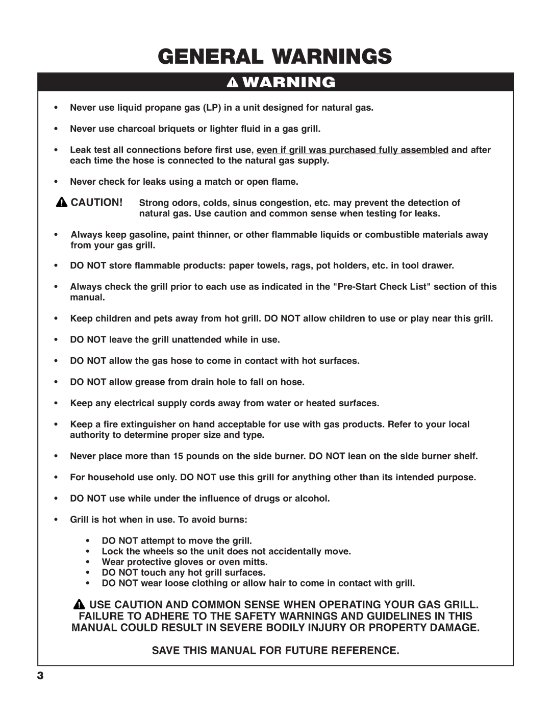 Brinkmann Heavy-Duty Natural Gas Grill owner manual General Warnings, Save this Manual for Future Reference 