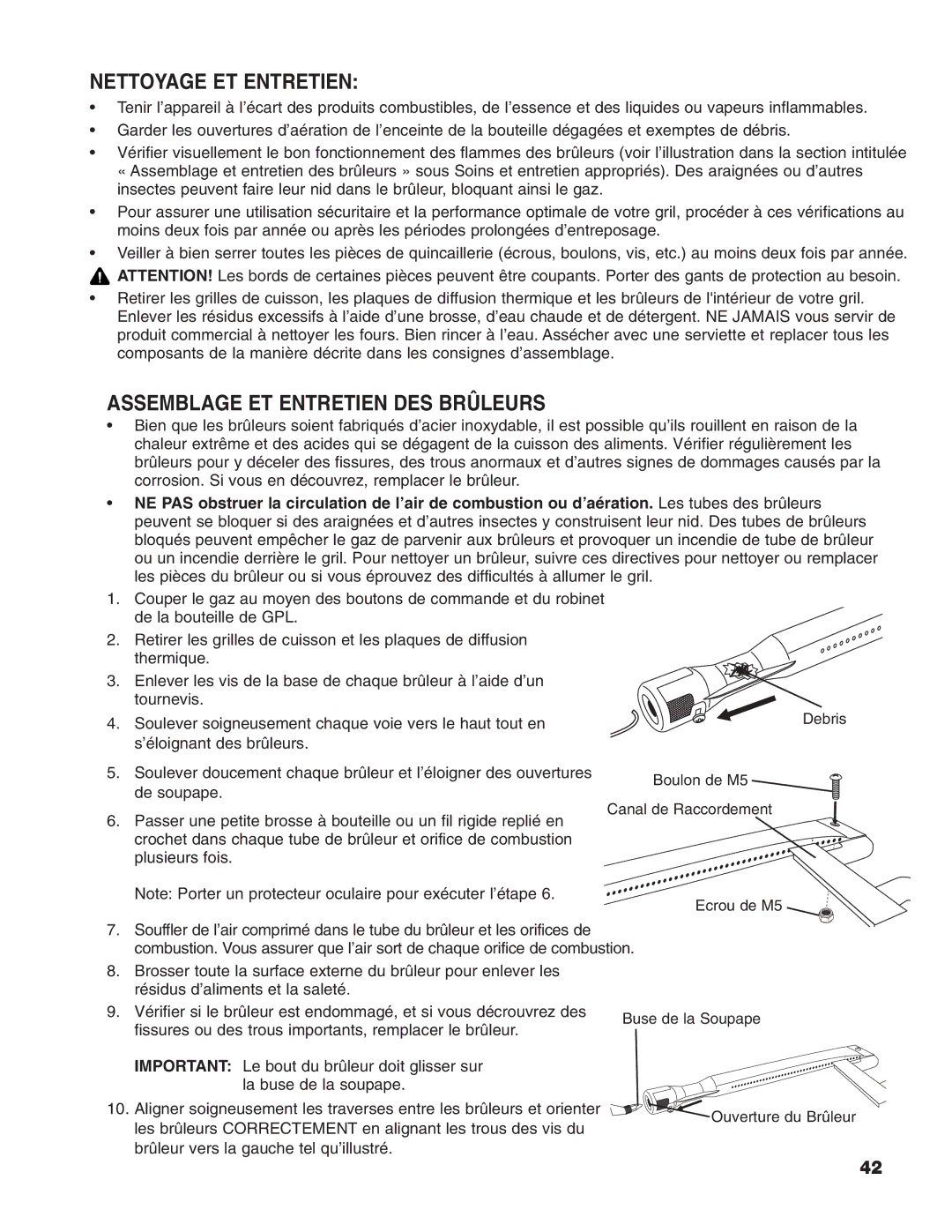 Brinkmann Heavy-Duty Natural Gas Grill owner manual Nettoyage ET Entretien, Assemblage ET Entretien DES Brûleurs 