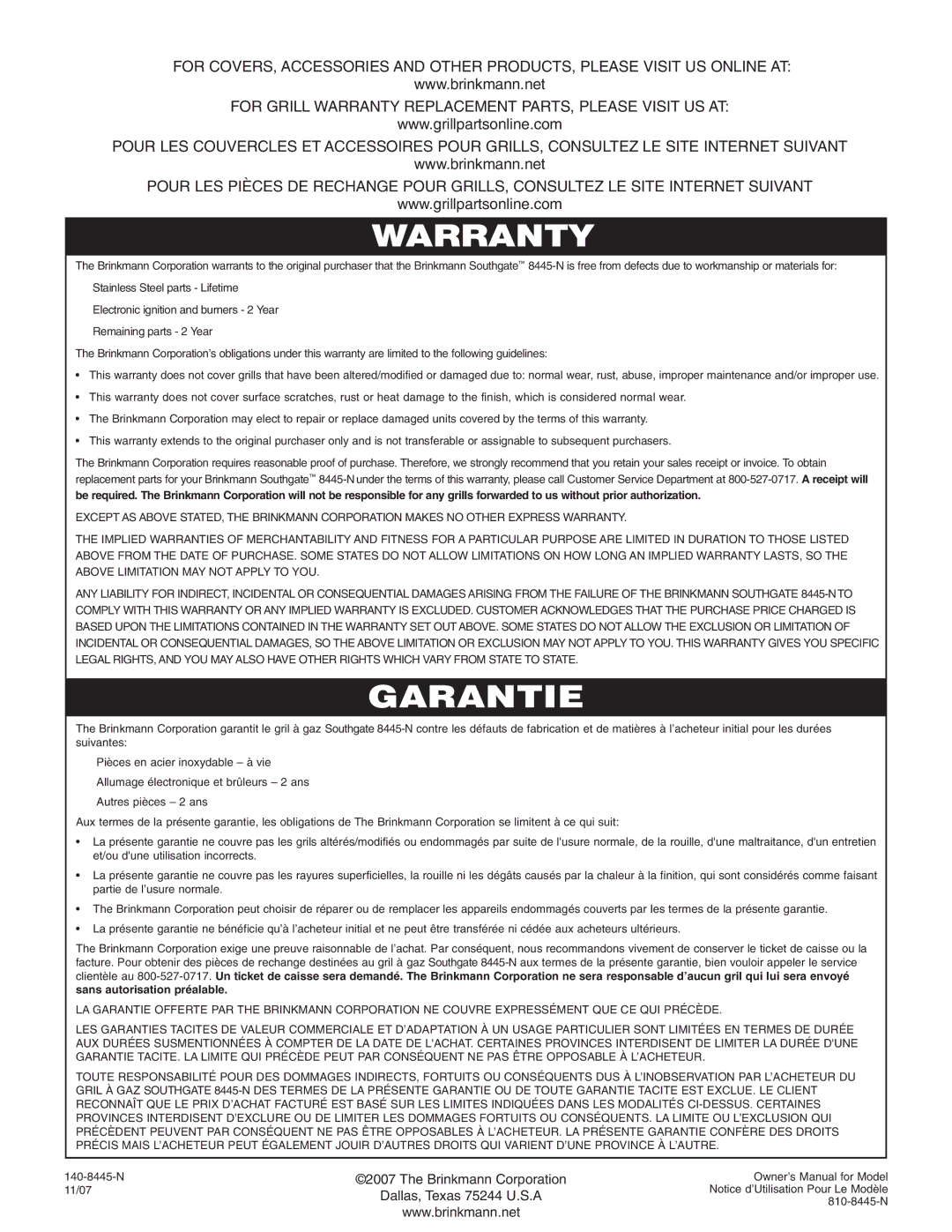 Brinkmann Heavy-Duty Natural Gas Grill owner manual Warranty 