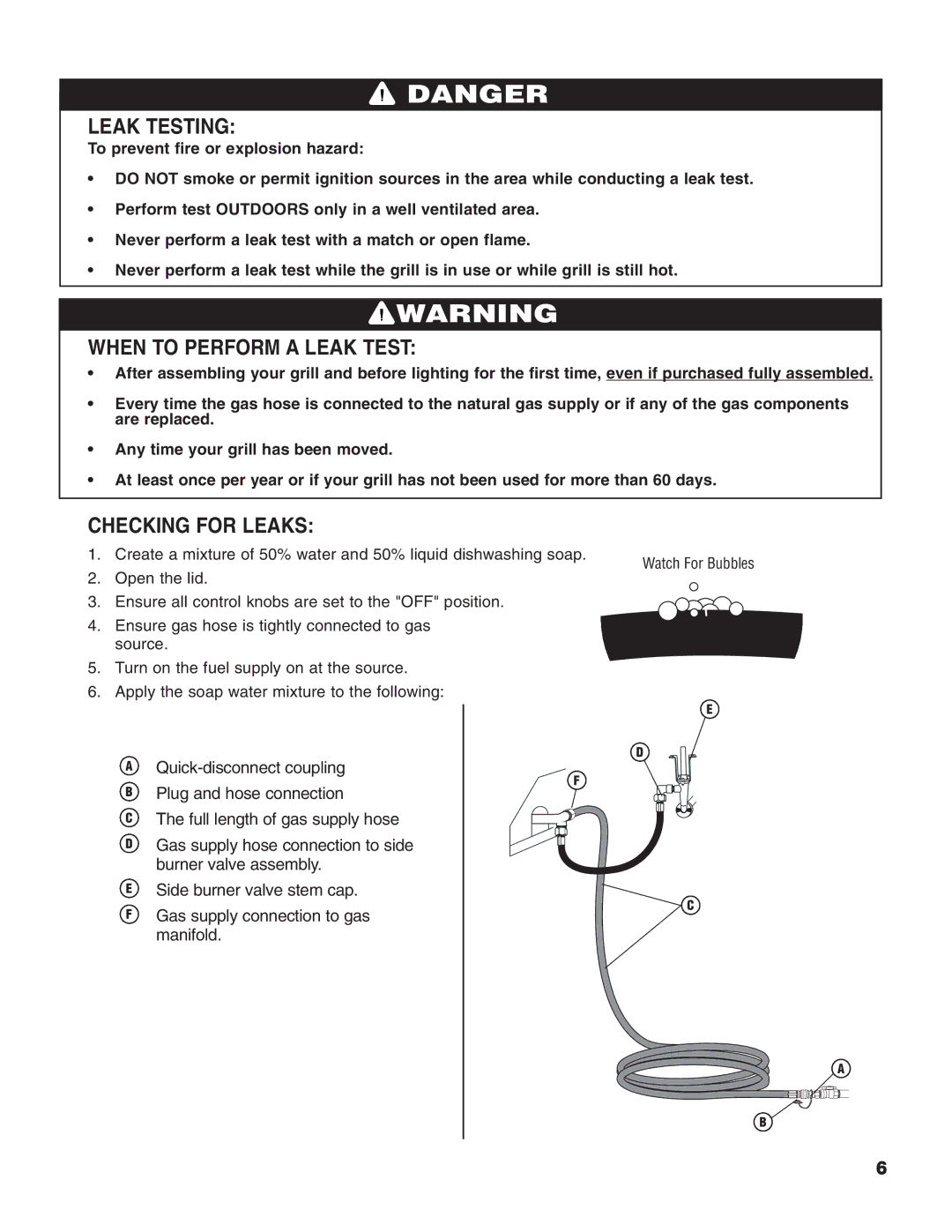 Brinkmann Heavy-Duty Natural Gas Grill owner manual Leak Testing, When to Perform a Leak Test, Checking for Leaks 