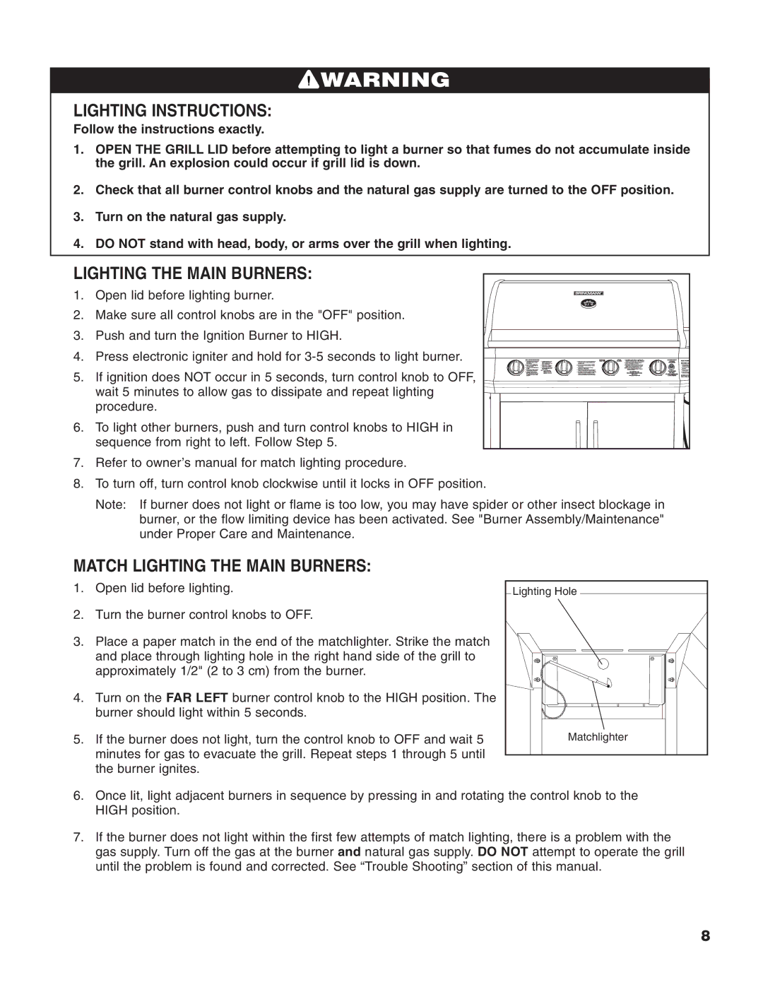 Brinkmann Heavy-Duty Natural Gas Grill owner manual Lighting Instructions, Match Lighting the Main Burners 