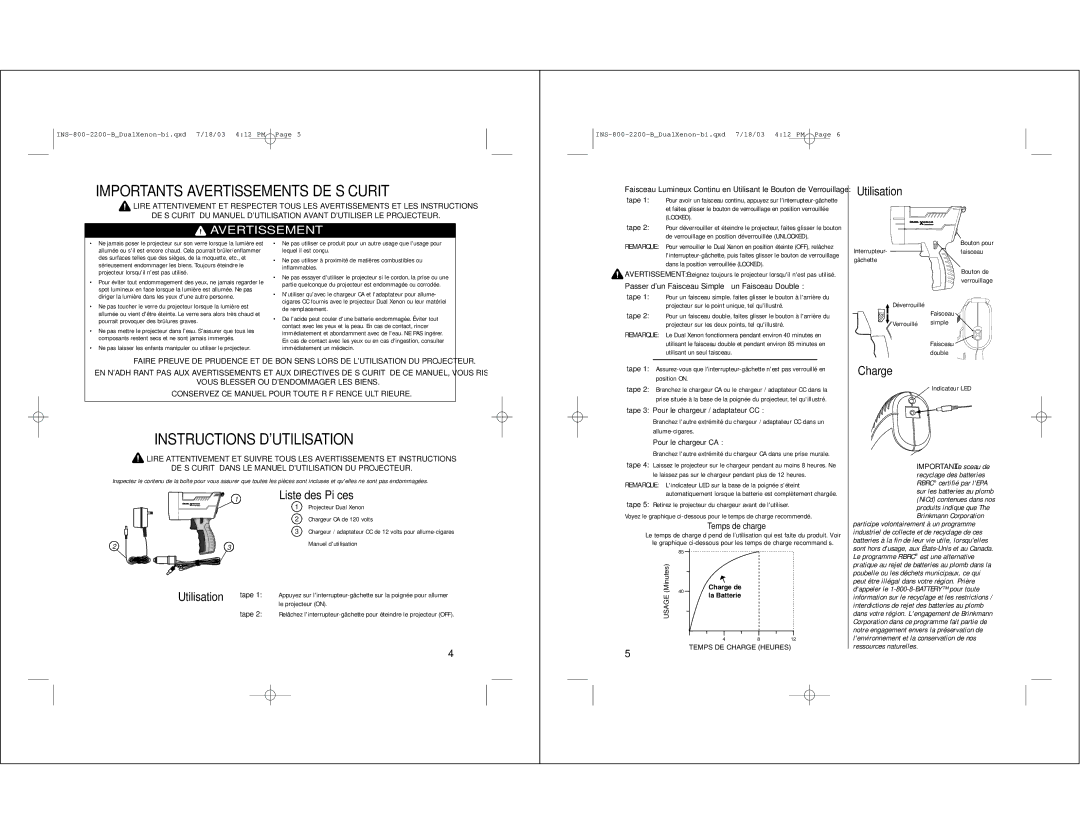 Brinkmann INS-800-2200-B owner manual Importants Avertissements DE Sécurité, Instructions Dutilisation 