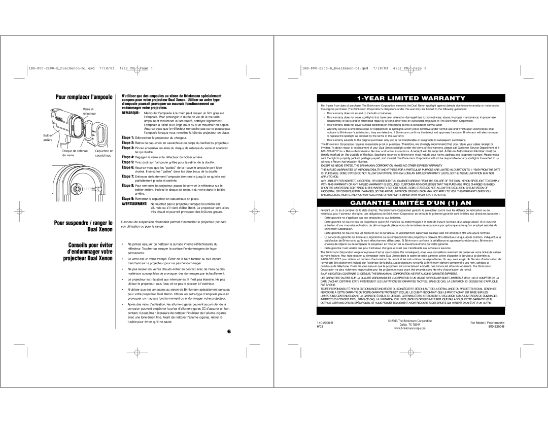 Brinkmann INS-800-2200-B owner manual Year Limited Warranty, Garantie Limitée DUN 1 AN, Pour remplacer lampoule 