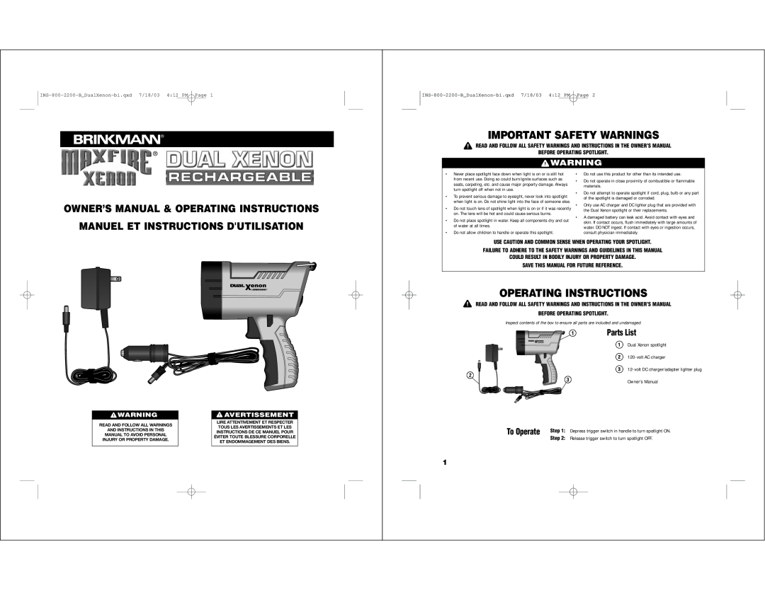 Brinkmann INS-800-2200-B owner manual Important Safety Warnings, Operating Instructions, To Operate, Parts List, Step 