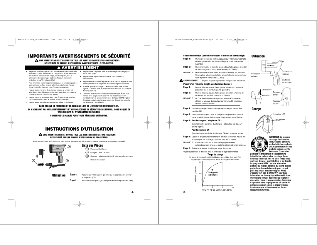 Brinkmann INS-800-2200-B owner manual Importants Avertissements De Sécurité, Instructions Dutilisation, Utilisation, Charge 