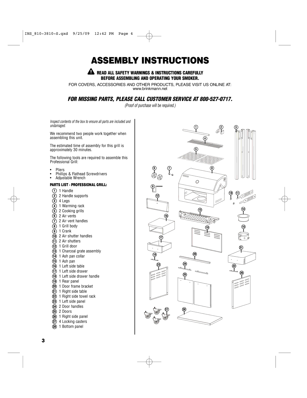 Brinkmann INS_810-3810-S manual Assembly Instructions, For Missing PARTS, Please Call Customer Service AT 