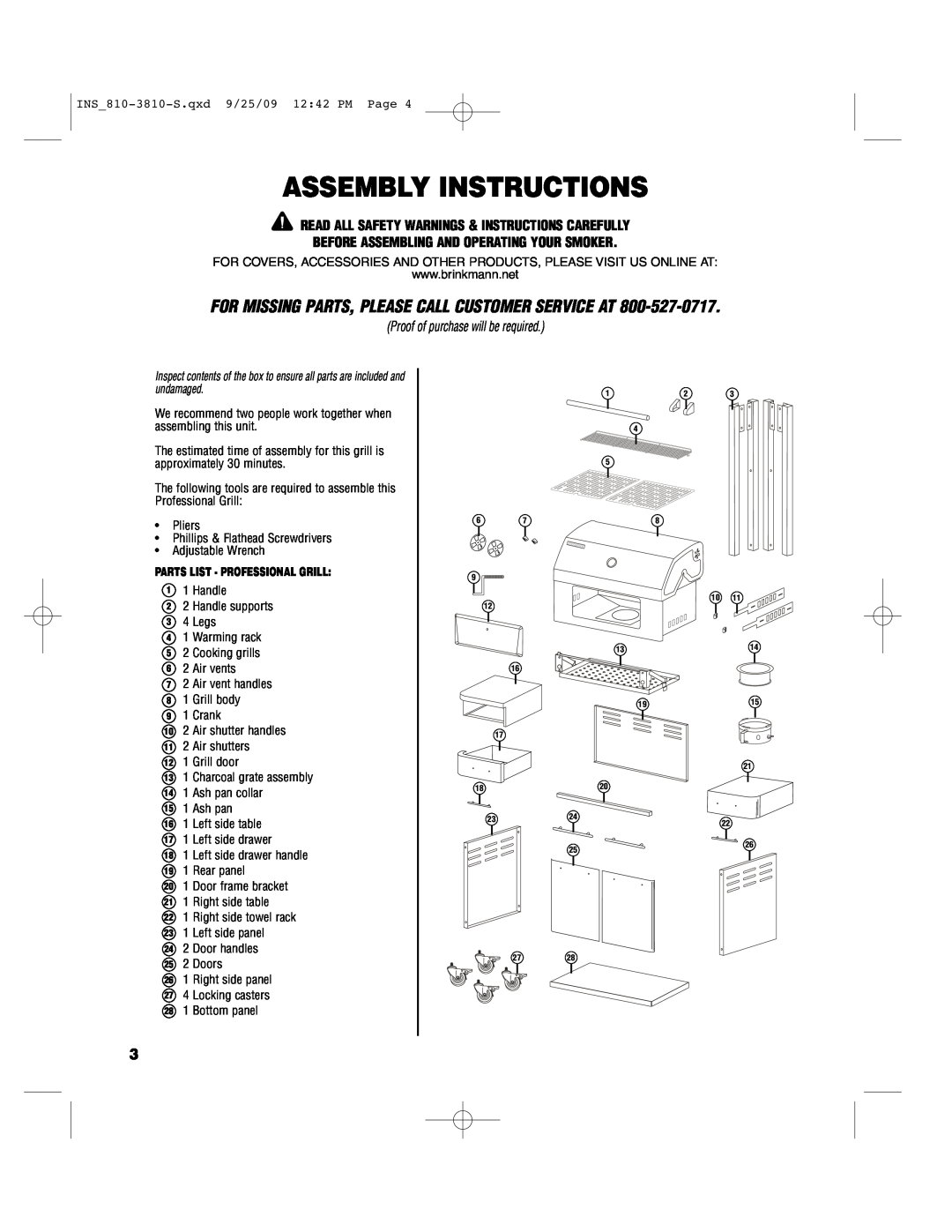 Brinkmann INS_810-3810-S manual Assembly Instructions, Read All Safety Warnings & Instructions Carefully 