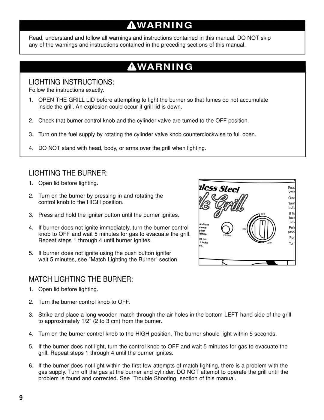 Brinkmann Kettle Grill owner manual Lighting Instructions, Match Lighting the Burner 