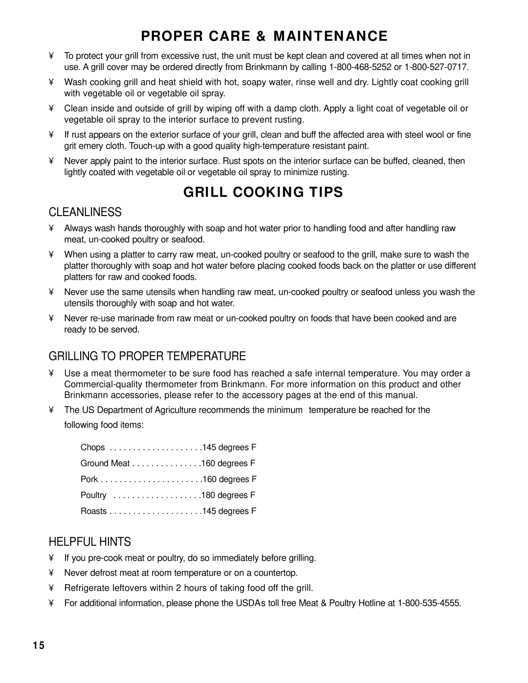 Brinkmann Kettle Grill owner manual Cleanliness, Grilling to Proper Temperature, Helpful Hints 