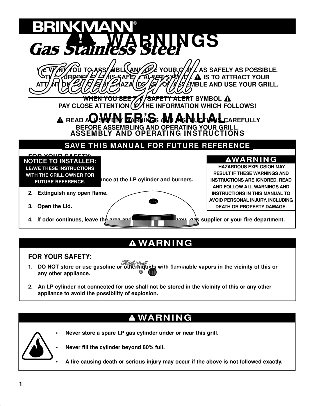 Brinkmann Kettle Grill owner manual Important Safety, For Your Safety 