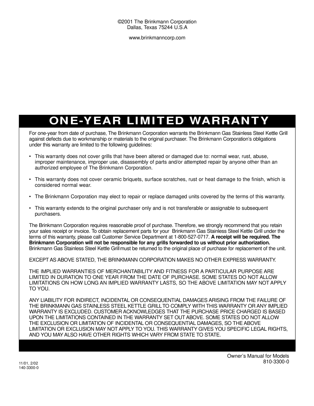 Brinkmann Kettle Grill owner manual ONE-YEAR Limited Warranty 