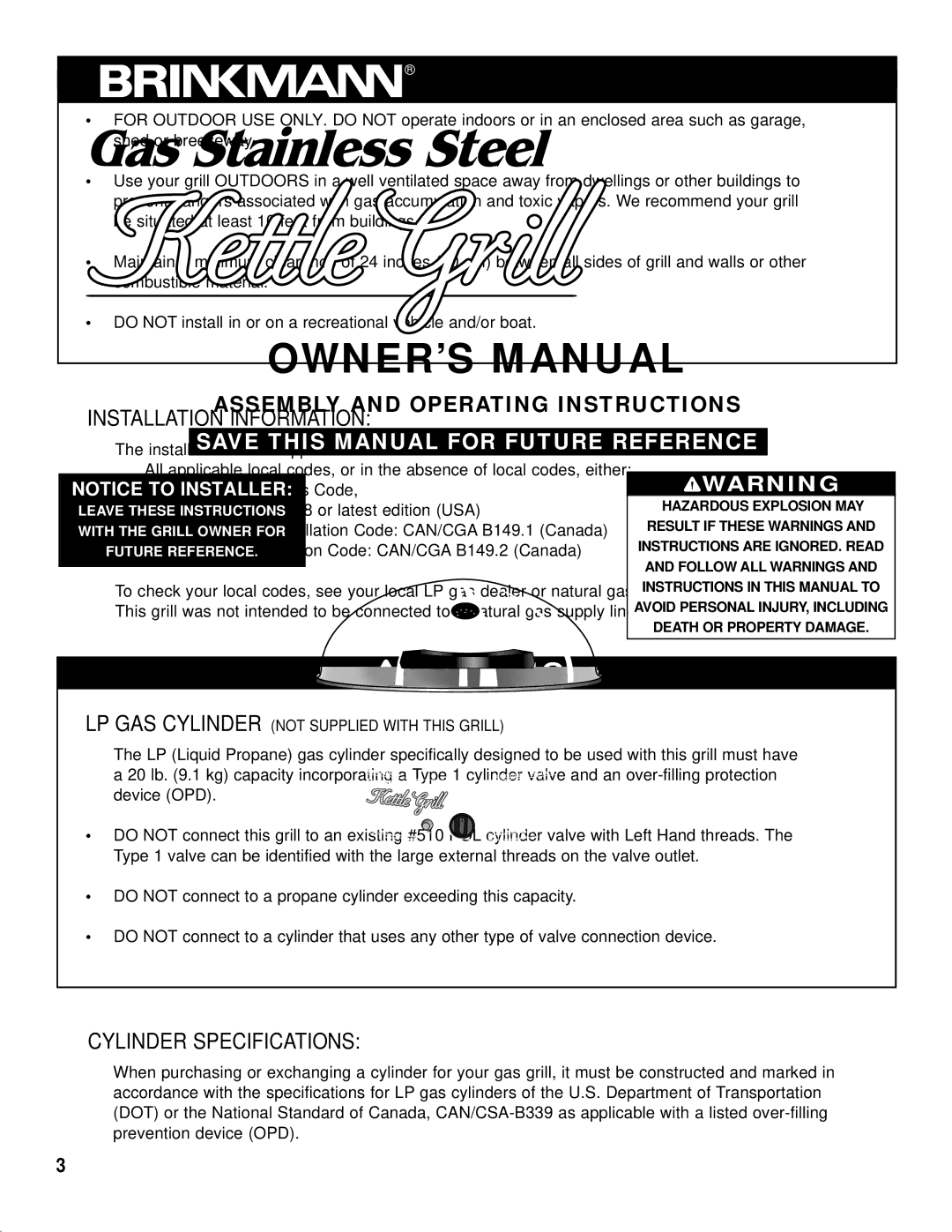 Brinkmann Kettle Grill owner manual Installation Information, Cylinder Specifications 