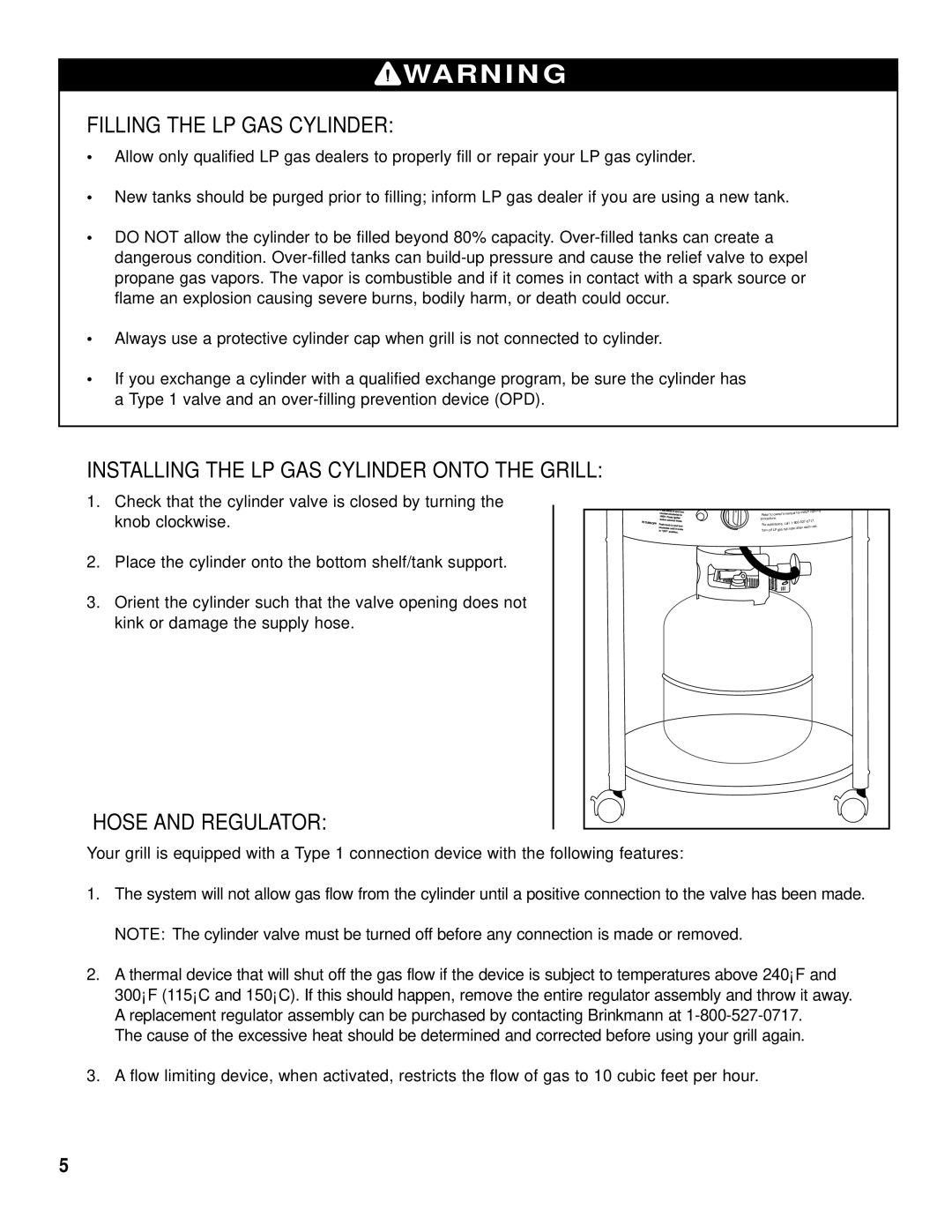 Brinkmann Kettle Grill Filling the LP GAS Cylinder, Installing the LP GAS Cylinder Onto the Grill, Hose and Regulator 