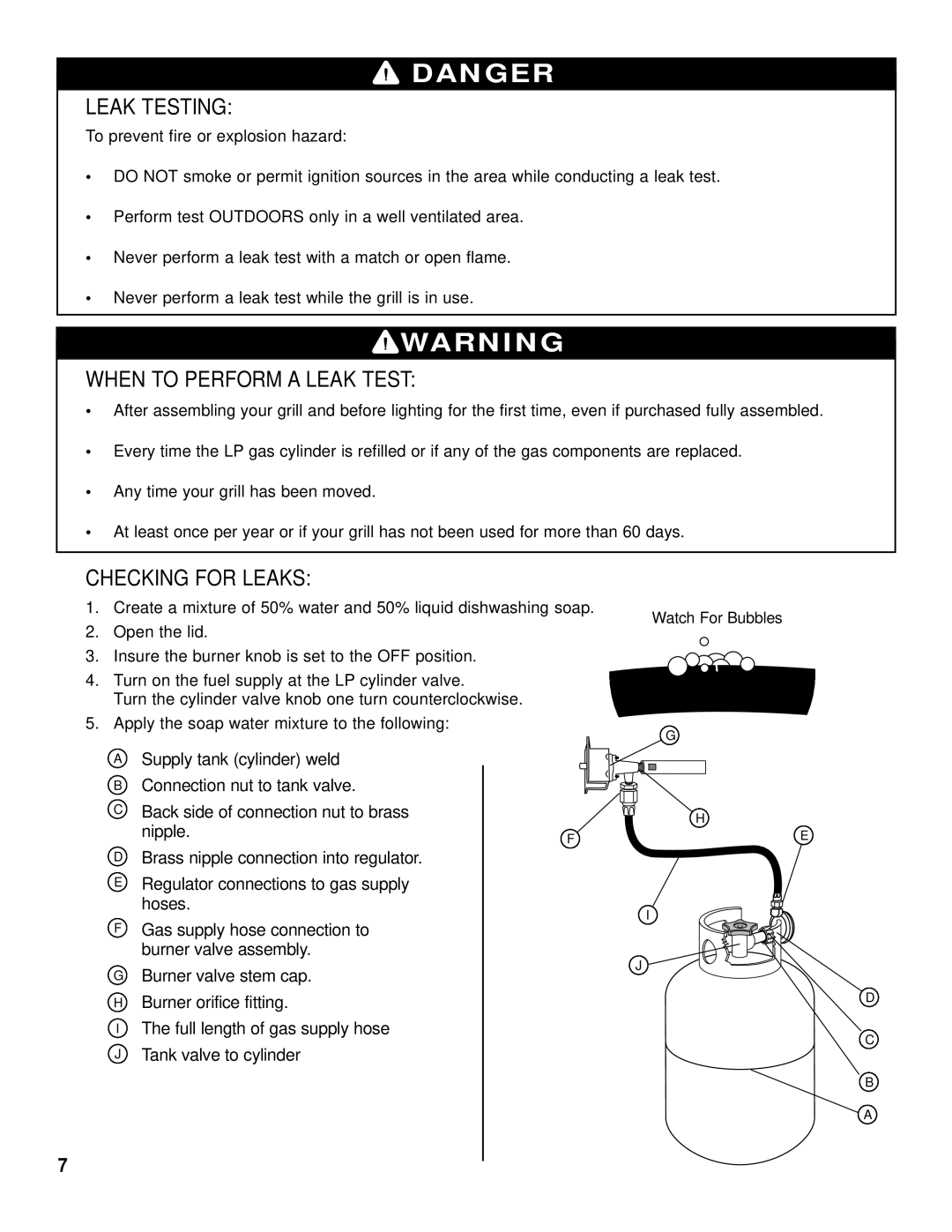 Brinkmann Kettle Grill owner manual Leak Testing, When to Perform a Leak Test, Checking for Leaks 