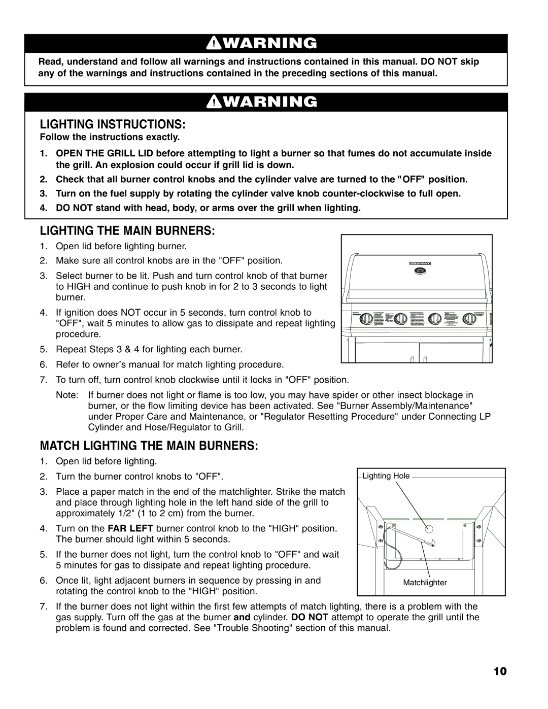 Brinkmann Madison owner manual Lighting Instructions, Match Lighting the Main Burners 