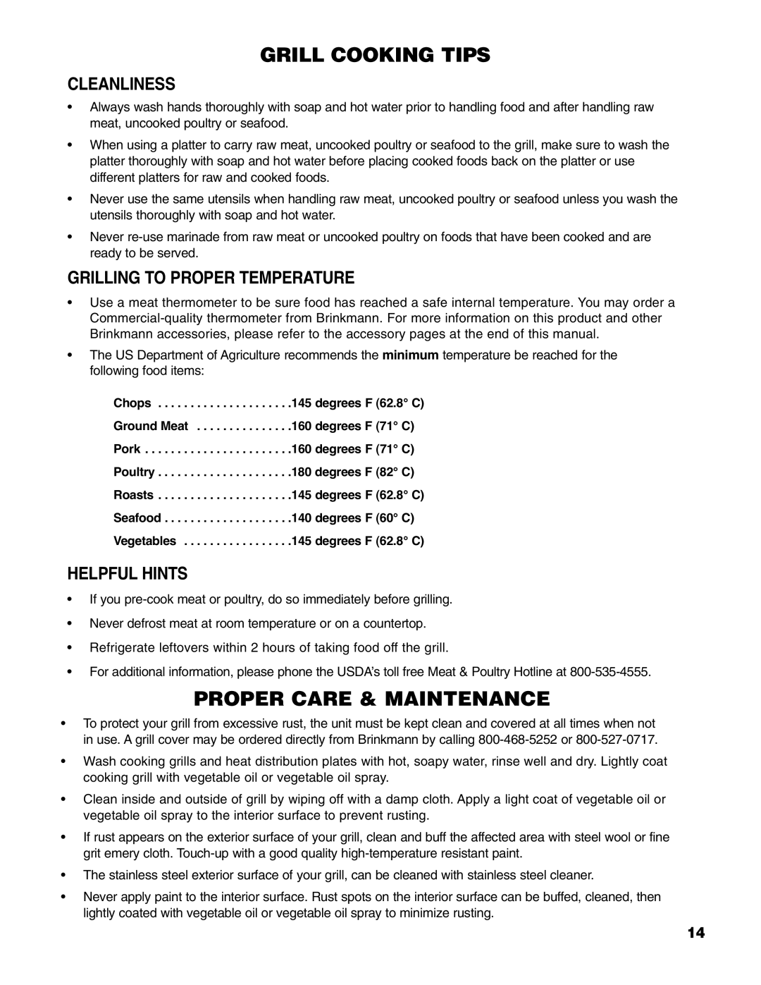 Brinkmann Madison owner manual Cleanliness, Grilling to Proper Temperature, Helpful Hints 