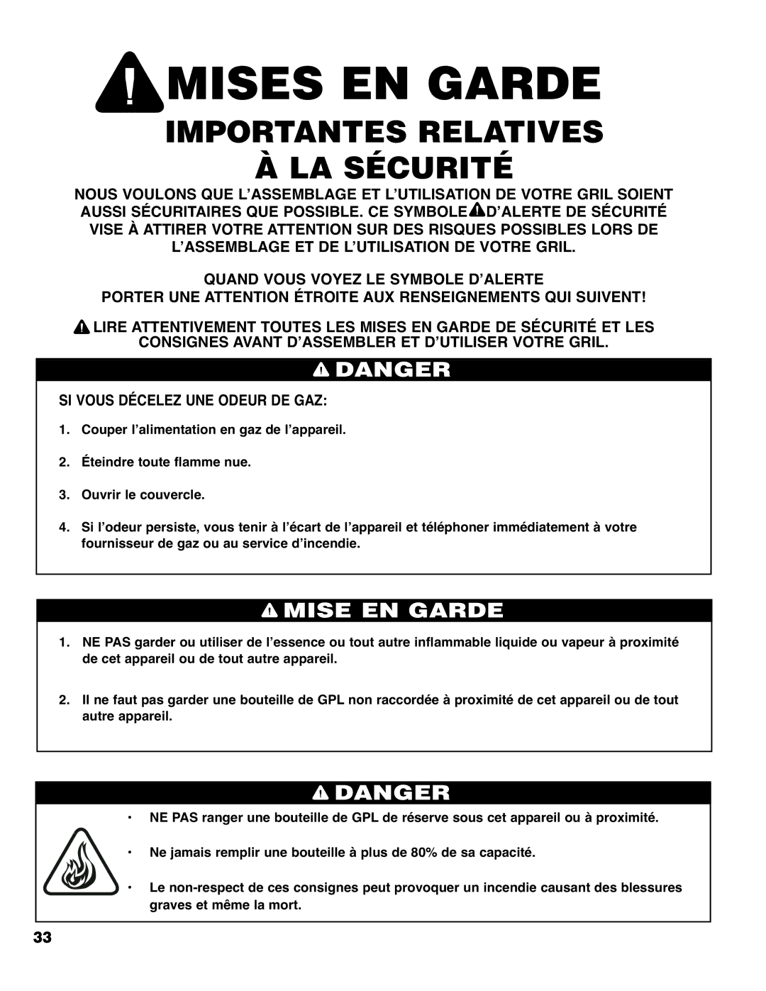 Brinkmann Madison owner manual Mises EN Garde, Importantes Relatives LA Sécurité 