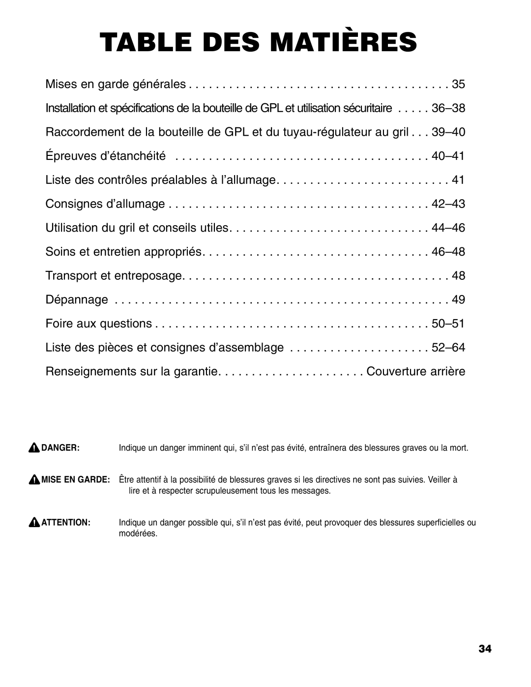 Brinkmann Madison owner manual Table DES Matières 