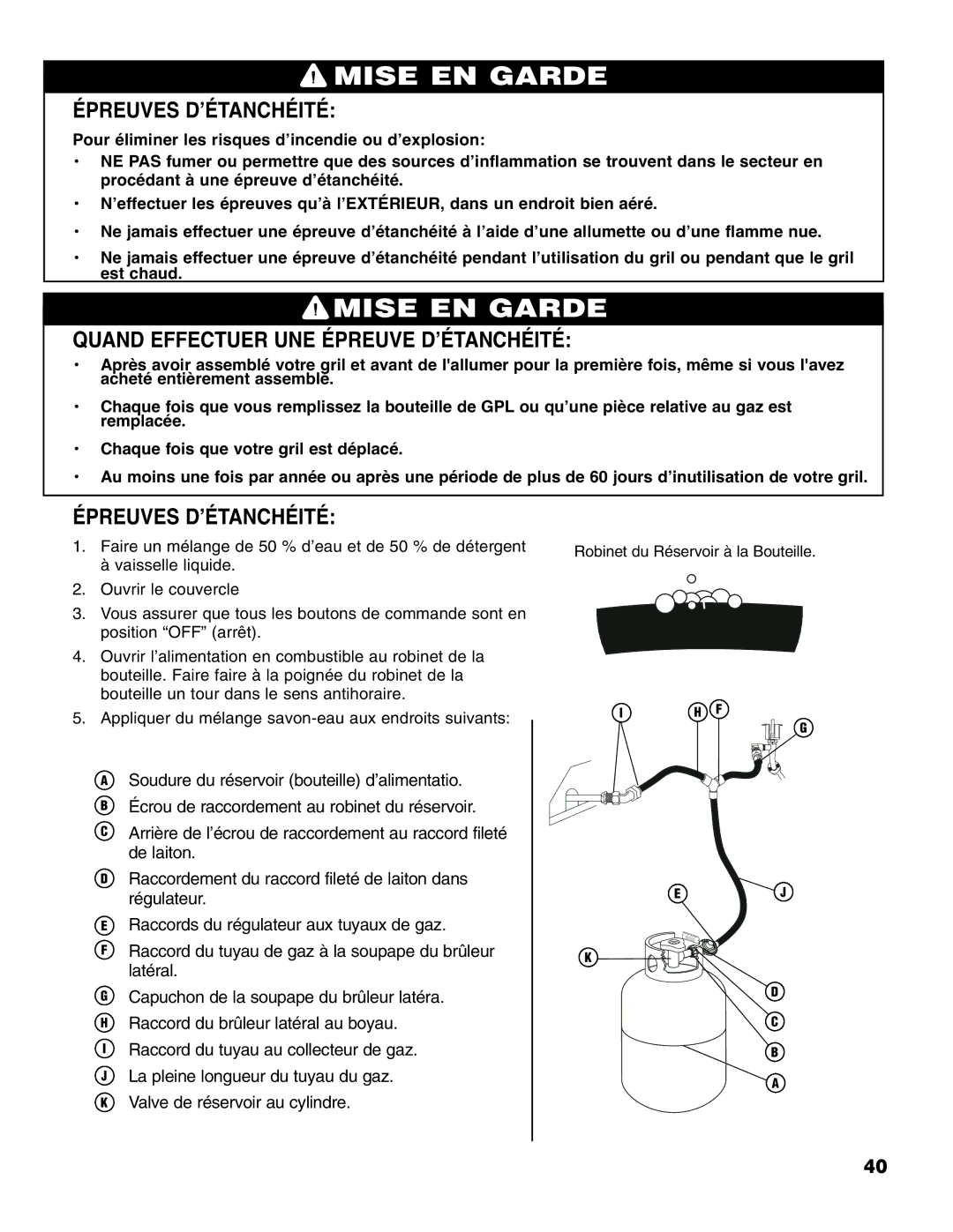 Brinkmann Madison owner manual Épreuves D’ÉTANCHÉITÉ, Quand Effectuer UNE Épreuve D’ÉTANCHÉITÉ 