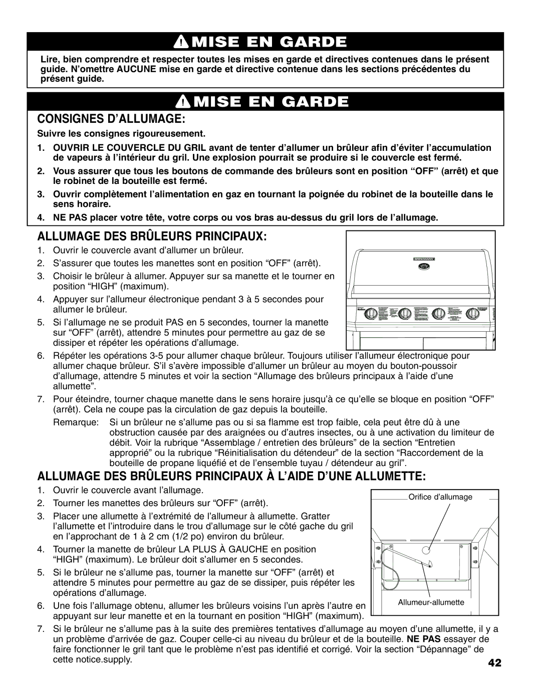 Brinkmann Madison owner manual Consignes D’ALLUMAGE, Allumage DES Brûleurs Principaux 