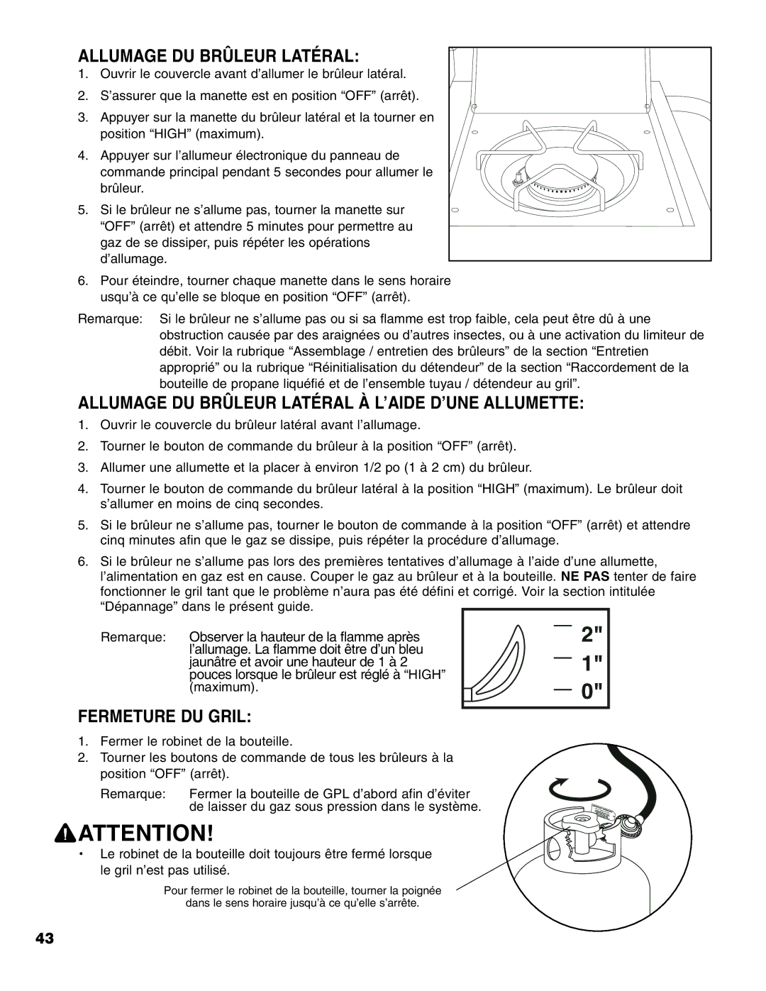 Brinkmann Madison owner manual Allumage DU Brûleur Latéral À L’AIDE D’UNE Allumette, Fermeture DU Gril 