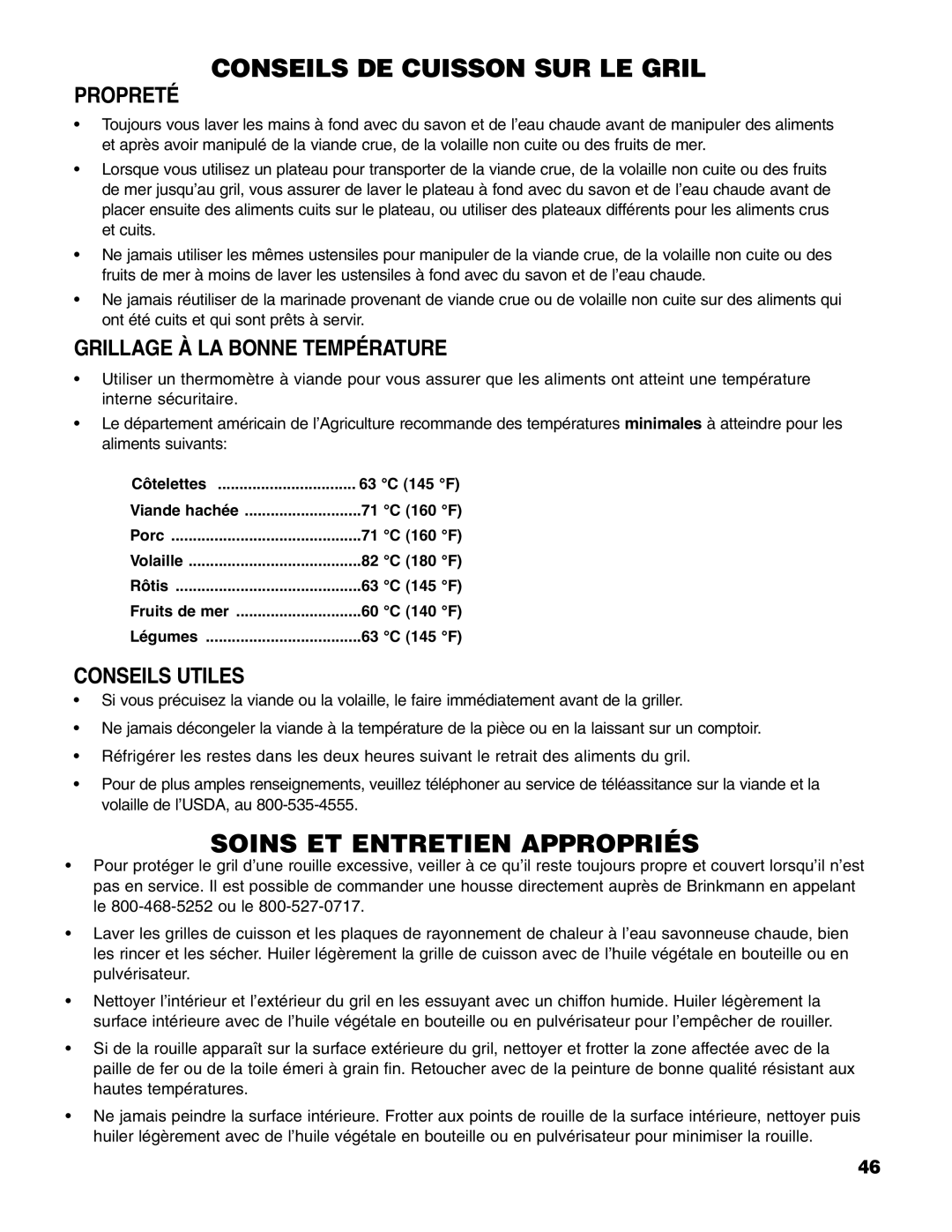 Brinkmann Madison owner manual Propreté, Grillage À LA Bonne Température, Conseils Utiles 