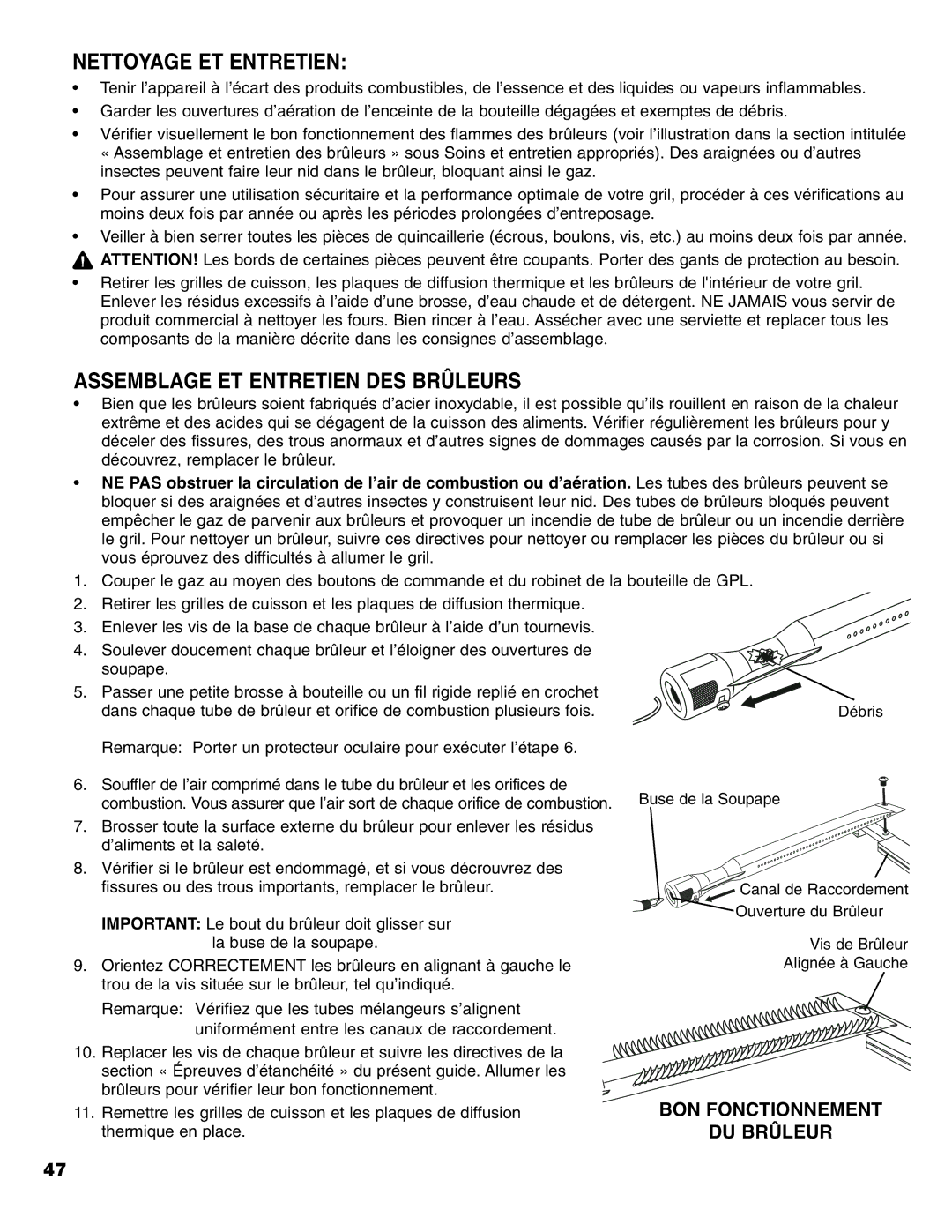 Brinkmann Madison owner manual Nettoyage ET Entretien, Assemblage ET Entretien DES Brûleurs 