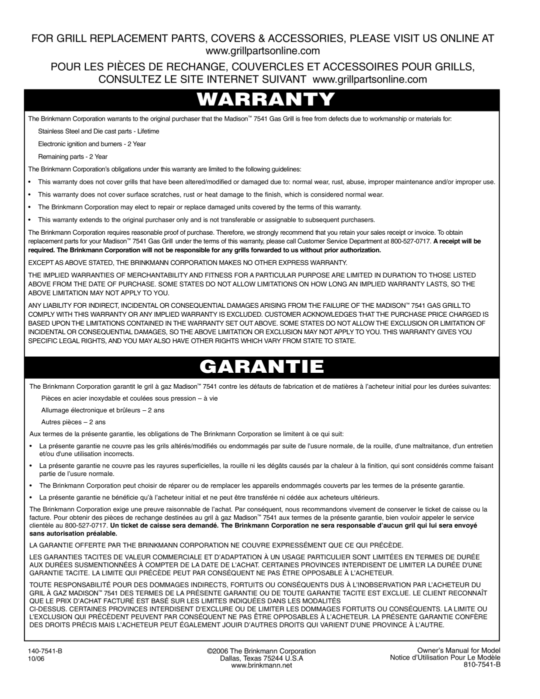 Brinkmann Madison owner manual Warranty 