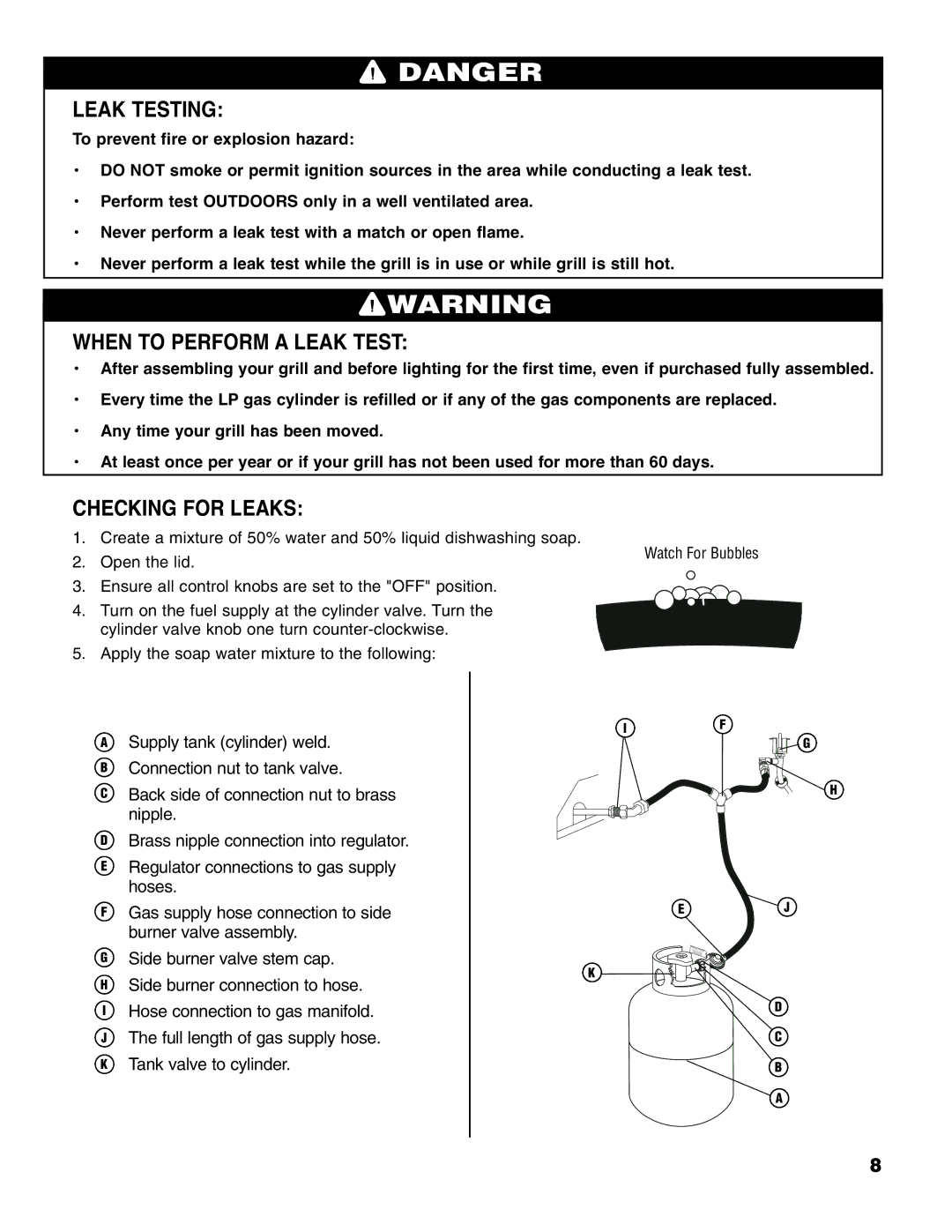 Brinkmann Madison owner manual Leak Testing, When to Perform a Leak Test, Checking for Leaks 