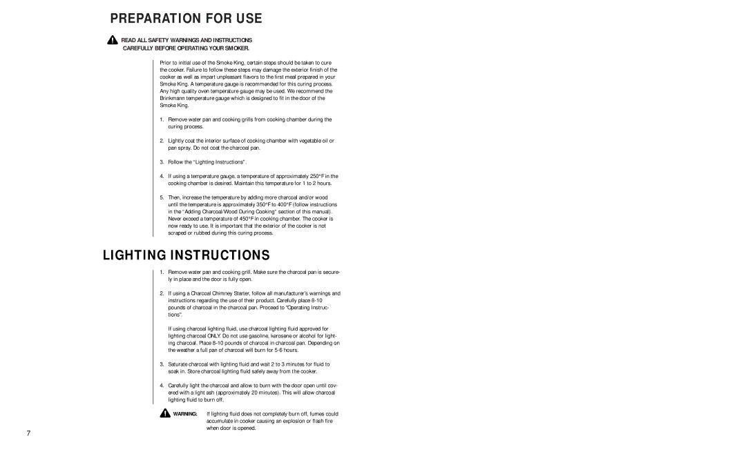 Brinkmann OUTDOOR BARBECUE GRILL & SMOKER owner manual Preparation for USE, Lighting Instructions 