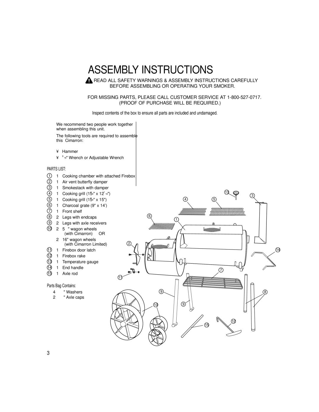 Brinkmann Outdoor Charcoal/Wood Smoker & Grill owner manual Assembly Instructions, Parts Bag Contains 