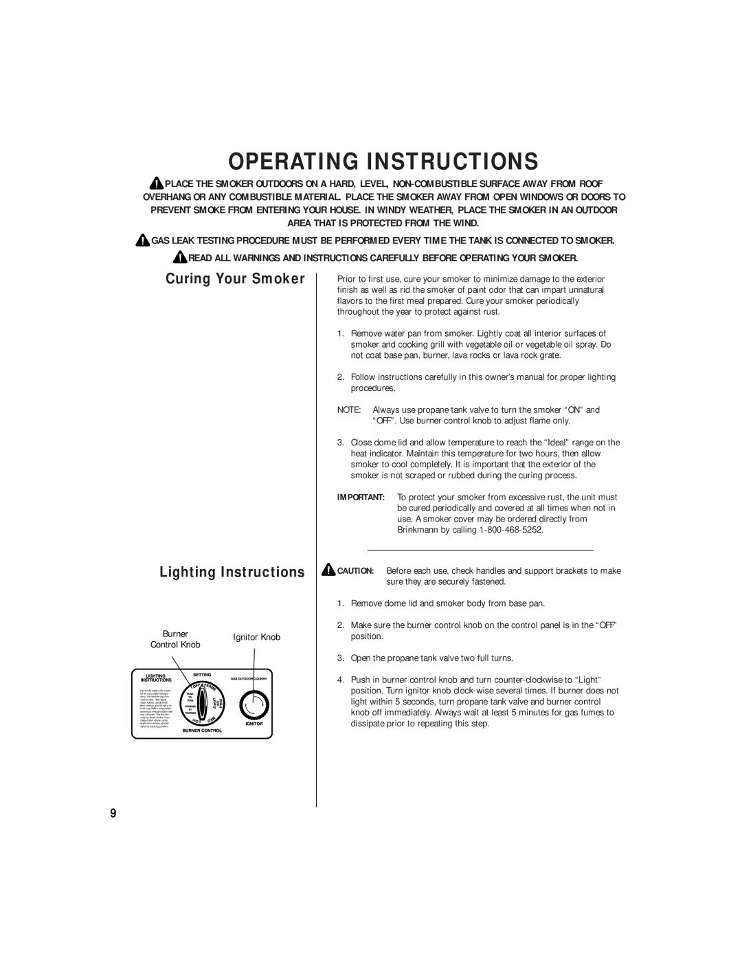 Brinkmann OUTDOOR GAS COOKER owner manual Operating Instructions, Curing Your Smoker 