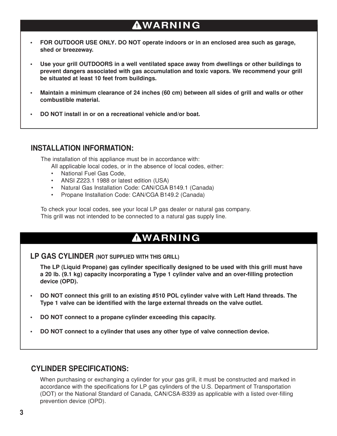 Brinkmann Outdoor Gas Grill owner manual Installation Information, Cylinder Specifications 