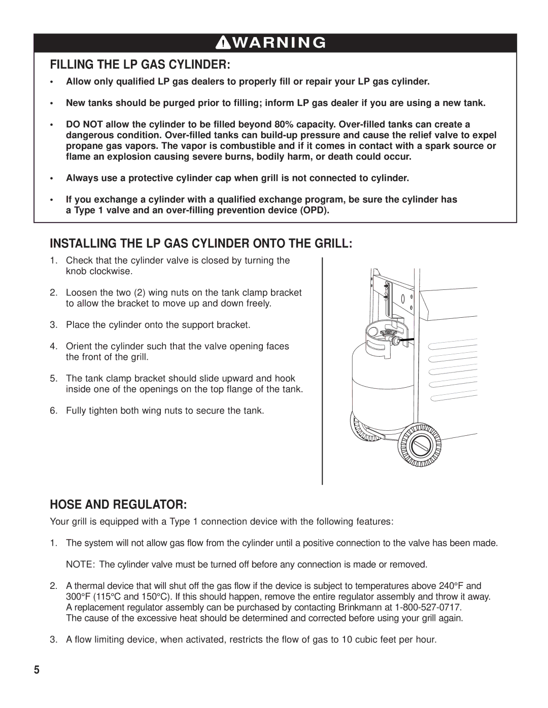 Brinkmann Outdoor Gas Grill Filling the LP GAS Cylinder, Installing the LP GAS Cylinder Onto the Grill, Hose and Regulator 