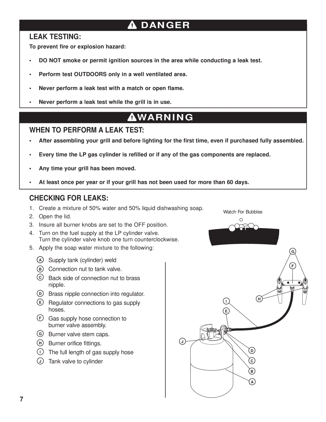 Brinkmann Outdoor Gas Grill owner manual Leak Testing, When to Perform a Leak Test, Checking for Leaks 