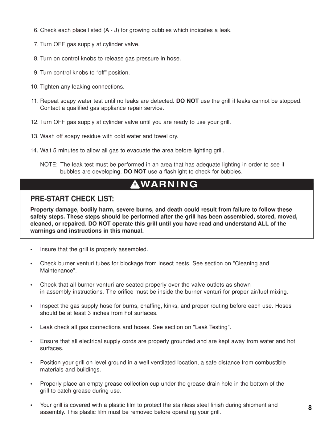 Brinkmann Outdoor Gas Grill owner manual PRE-START Check List 